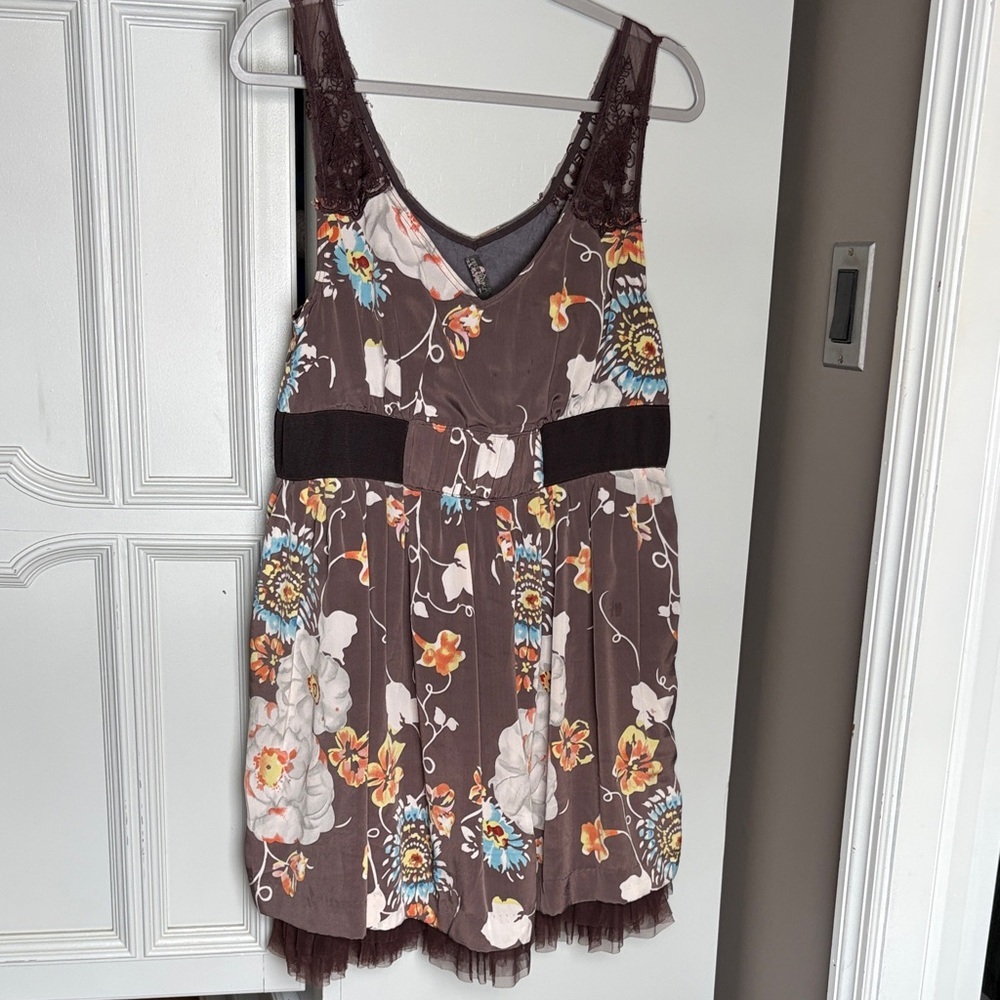 Free People Brown Floral Slip Dress with Lace Straps